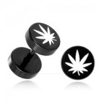 Faux plug d\'oreille acier noir logo Cannabis