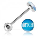 Barbell de langue acier logo Bitch fond bleu