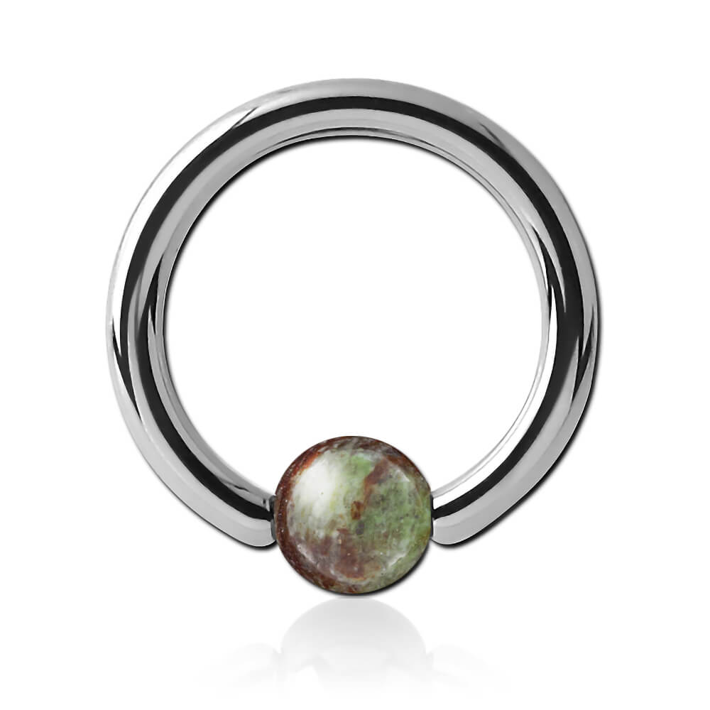 Anneau acier avec boule pierre Green Wood Marble