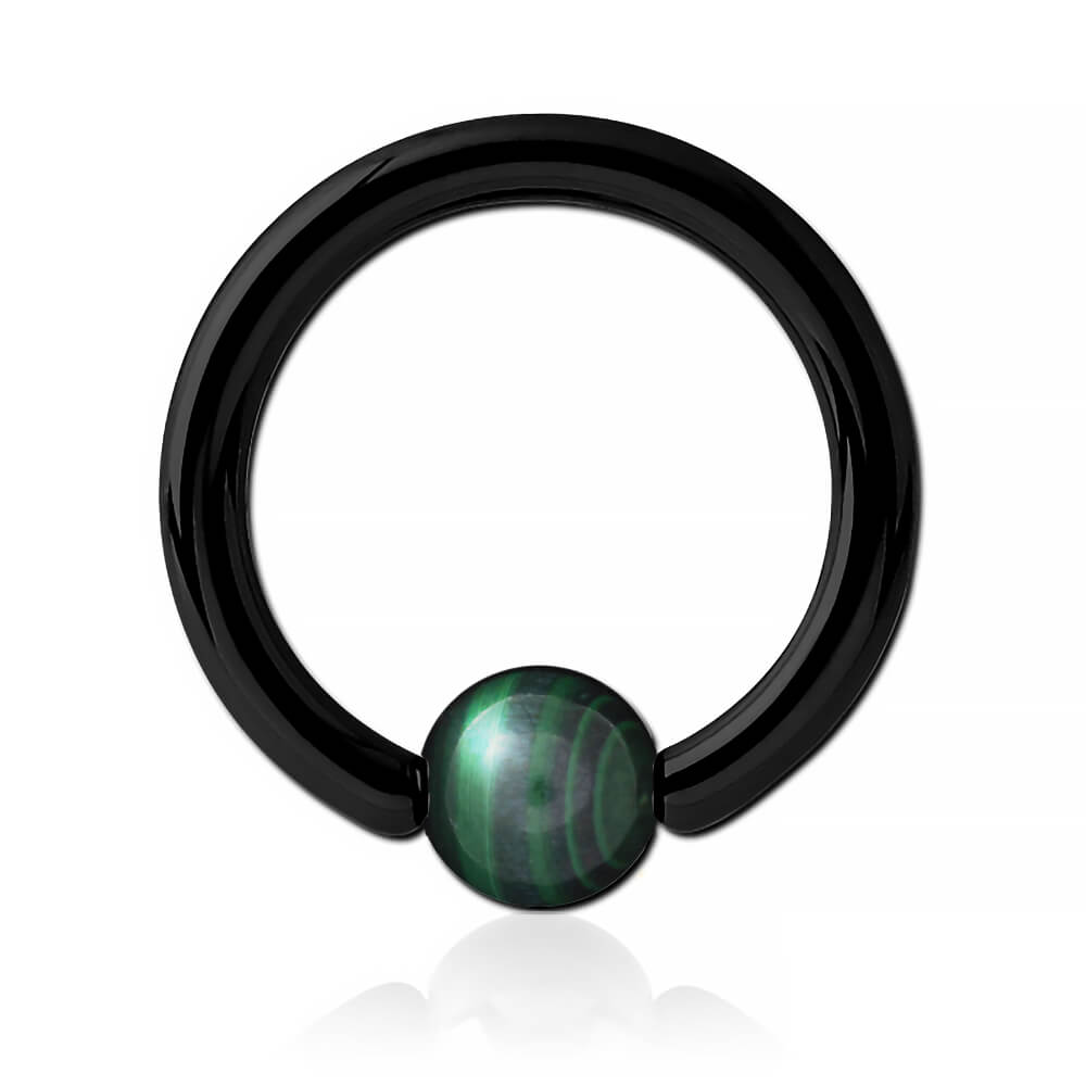 Anneau acier noir avec boule pierre Malachite