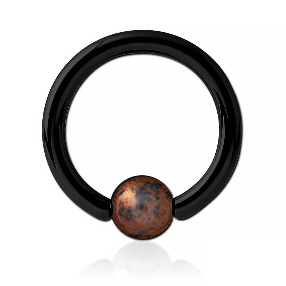 Anneau acier noir avec boule pierre Obsidienne Gold Swan
