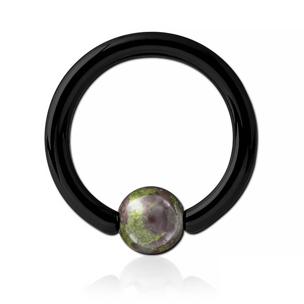 Anneau acier noir avec boule pierre Sang de Dragon