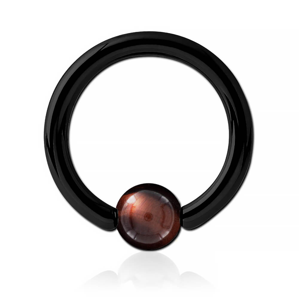 Anneau acier noir avec boule pierre Œil de Tigre rouge