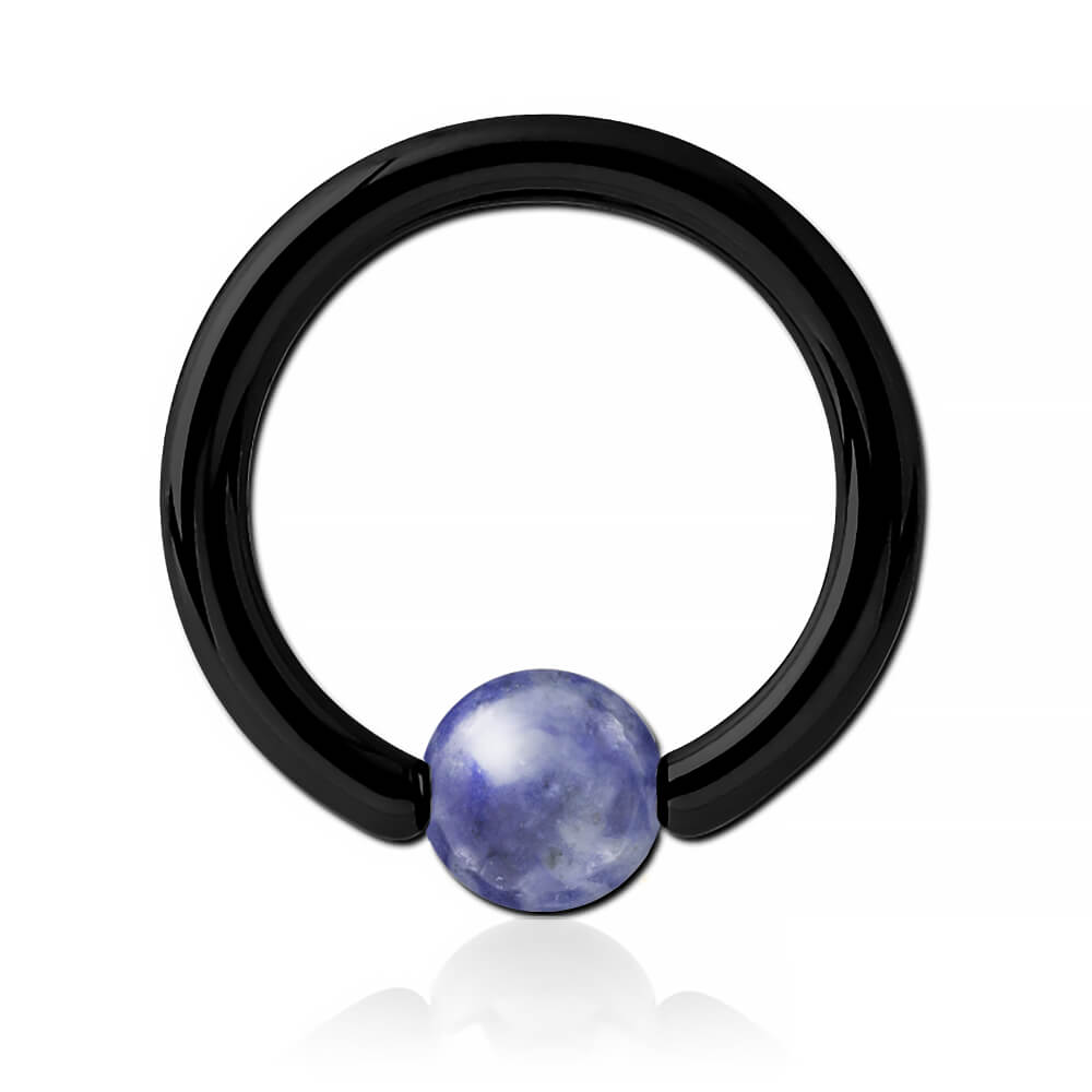 Anneau acier noir avec boule pierre Sodalite Blue Dots