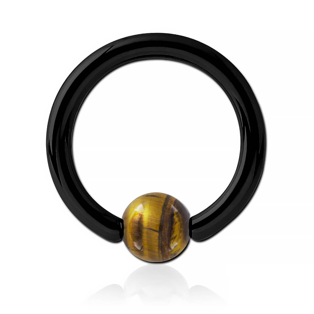 Anneau acier noir avec boule pierre Œil de Tigre doré