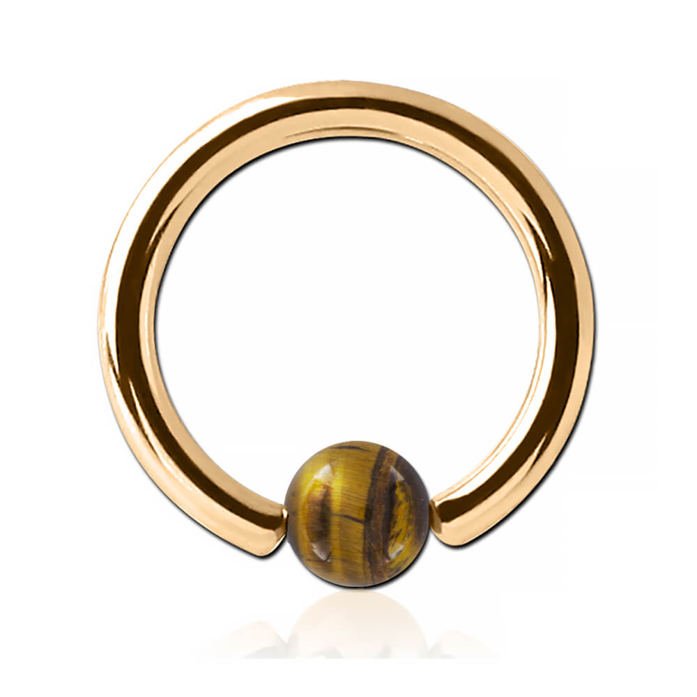 Anneau plaqué or 18k avec boule pierre Œil de Tigre doré