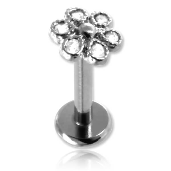 Micro labret acier vis interne Fleur strass
