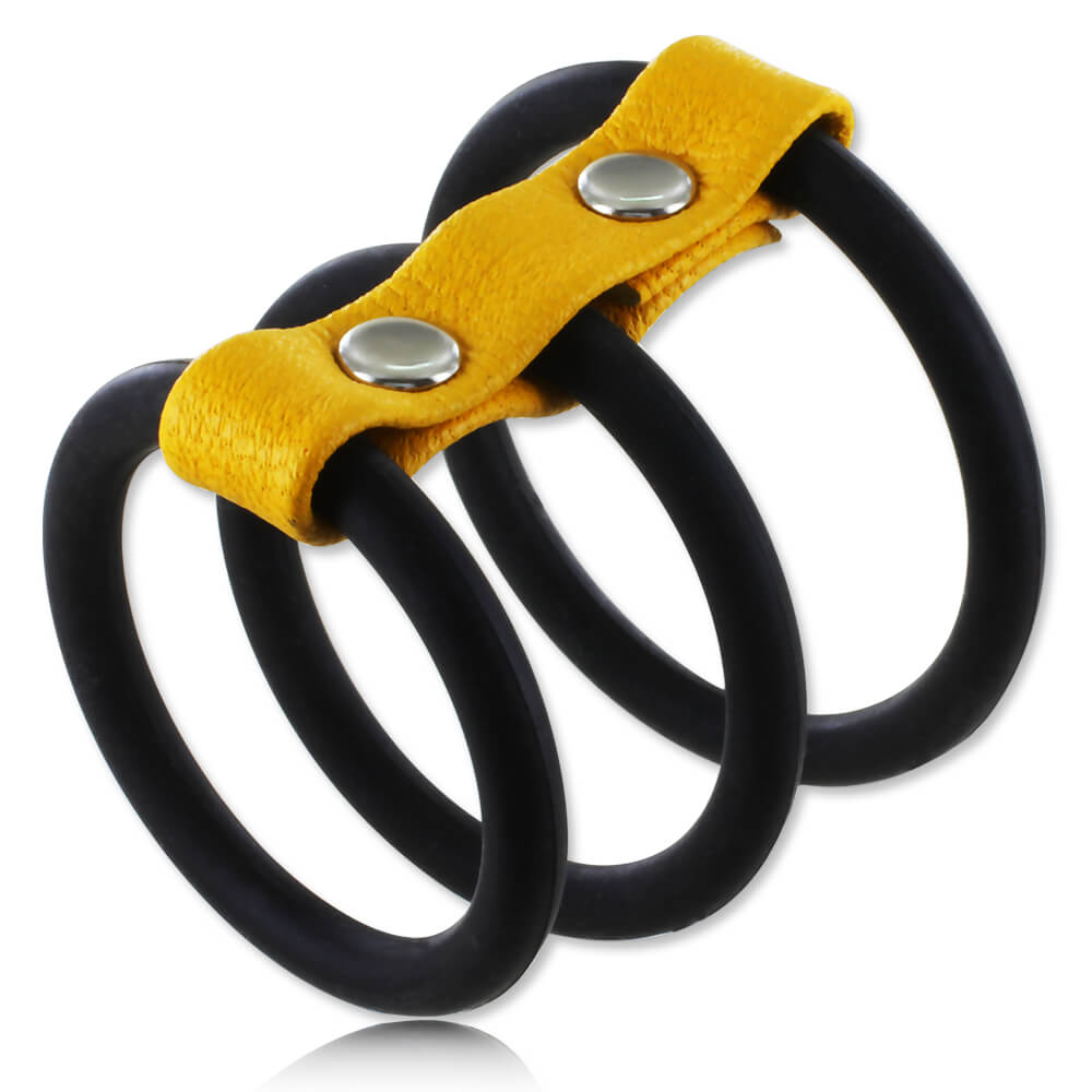 Cockring double anneau de verge silicone noir et cuir jaune