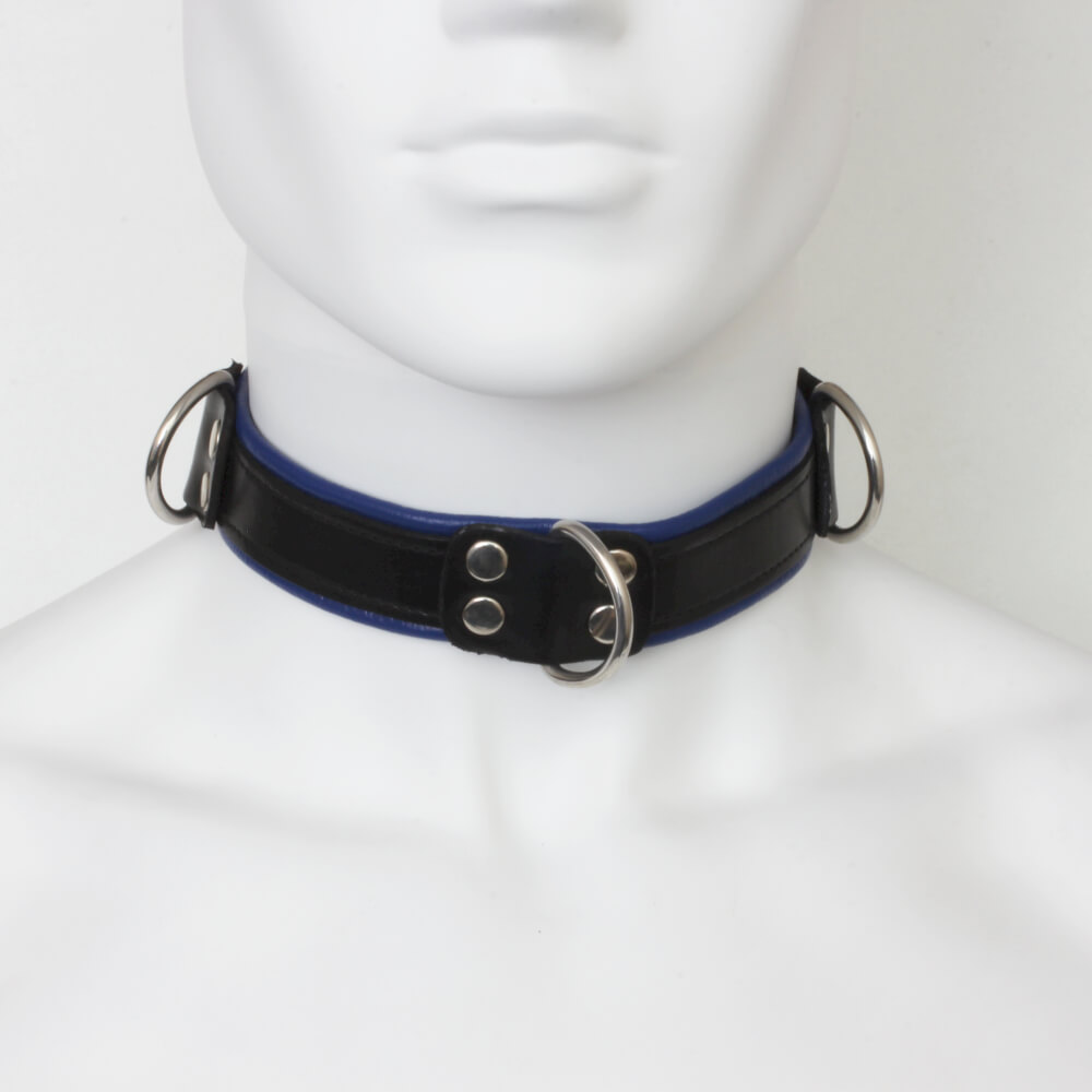 Collier d'esclave cuir noir et bleu