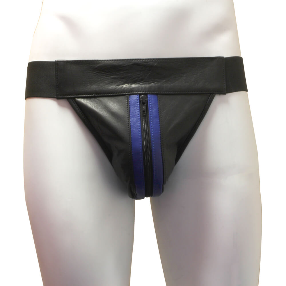 Jockstrap homme cuir noir et bleu avec zip