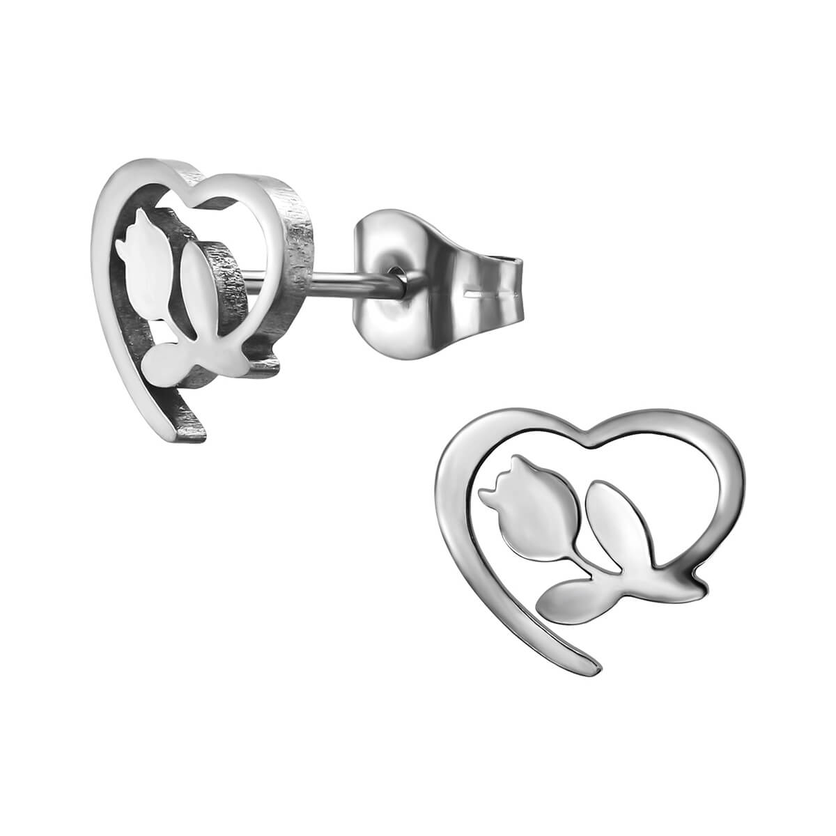 Clous d'oreille acier Rose en Coeur