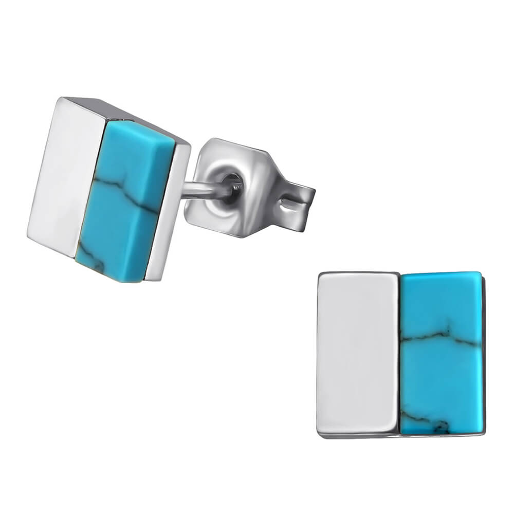 Clous d'oreille acier turquoise synthétique Flat Square