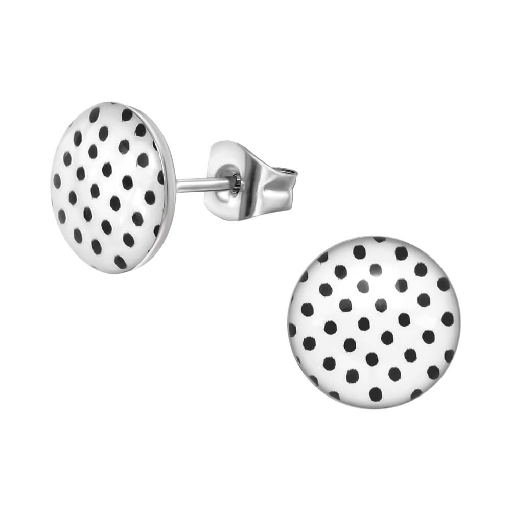 Clous d'oreille acier logo pois sur fond blanc