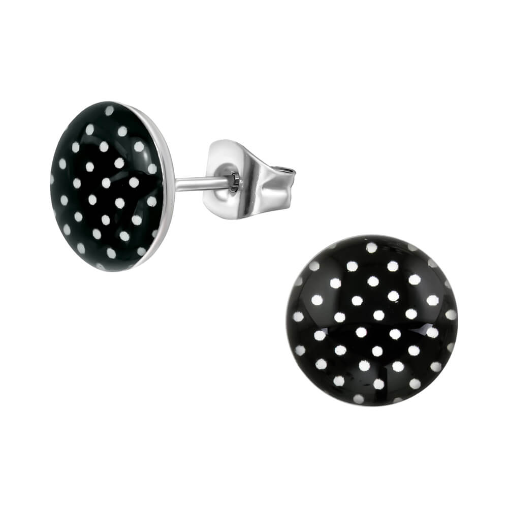 Clous d'oreille acier logo pois sur fond noir