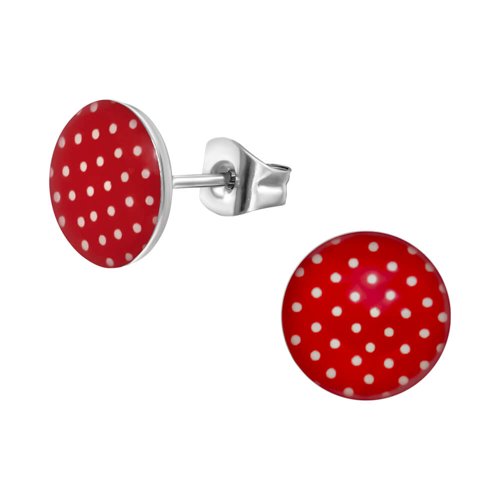 Clous d'oreille acier logo pois sur fond rouge