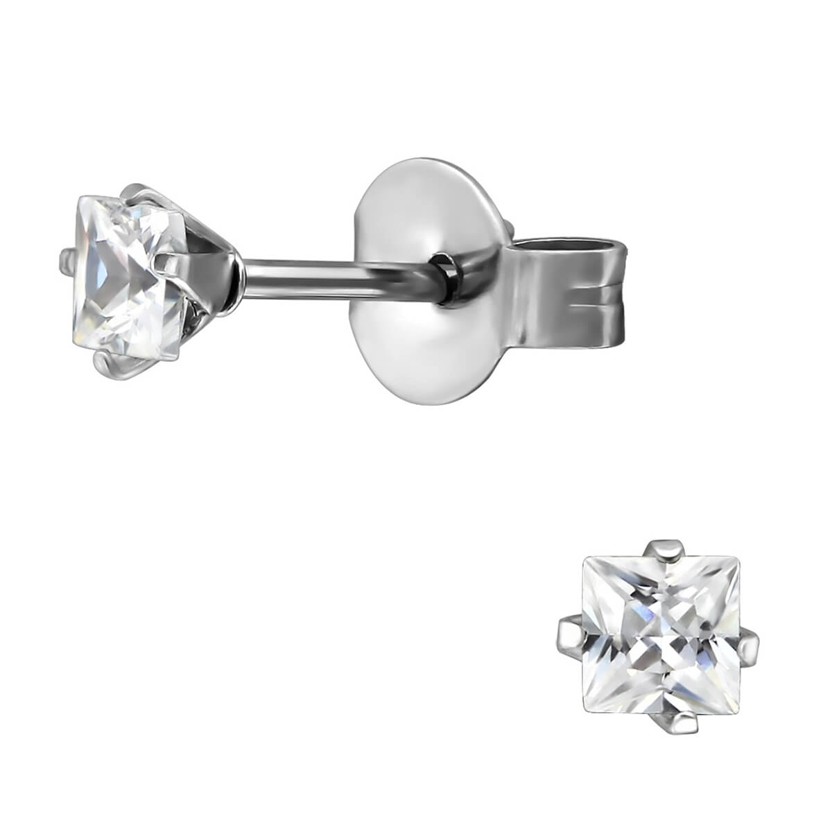 Clous d'oreille acier cristal Carré 3mm griffé