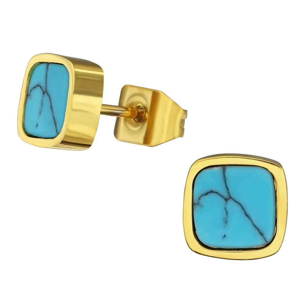 Clous d'oreille acier Gold turquoise synthétique Border Square