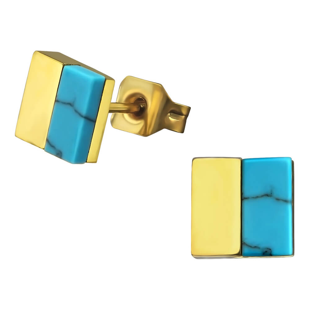 Clous d'oreille acier Gold turquoise synthétique Flat Square