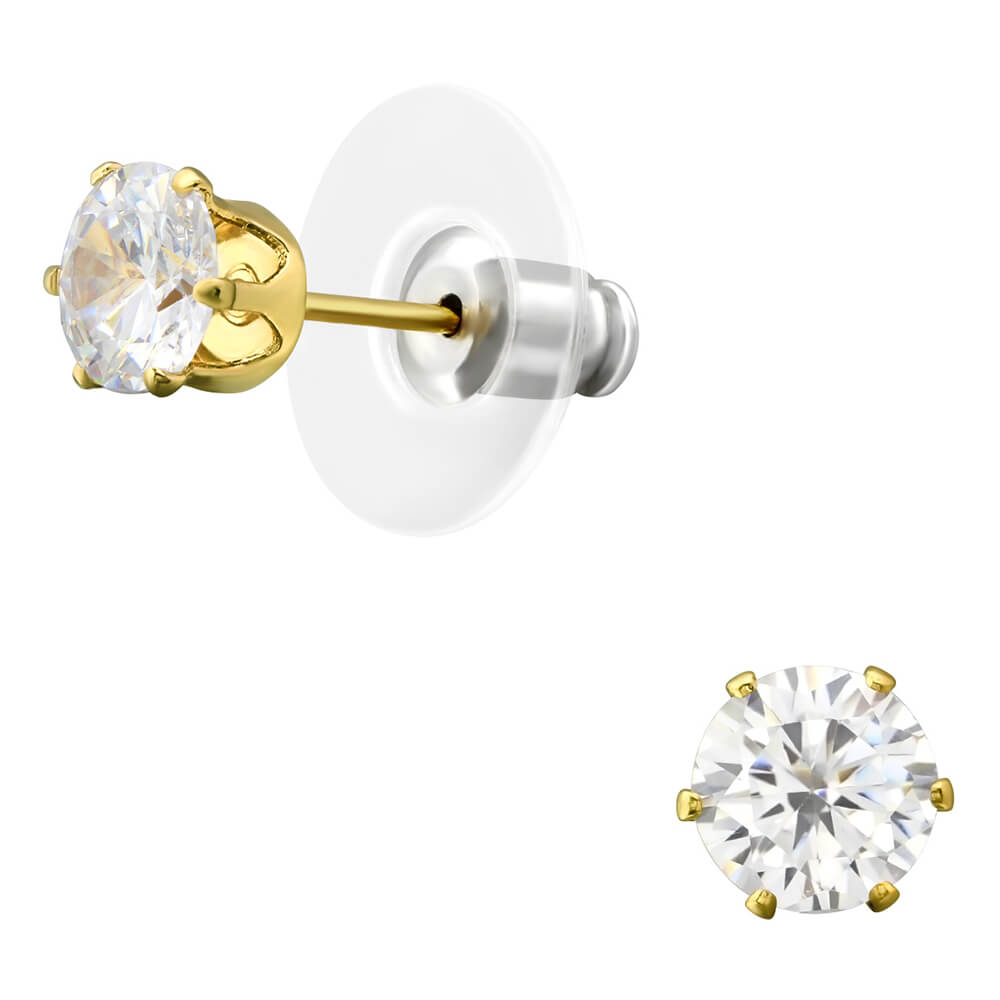 Clous d'oreille acier gold Cristal Rond 6mm 6 griffes