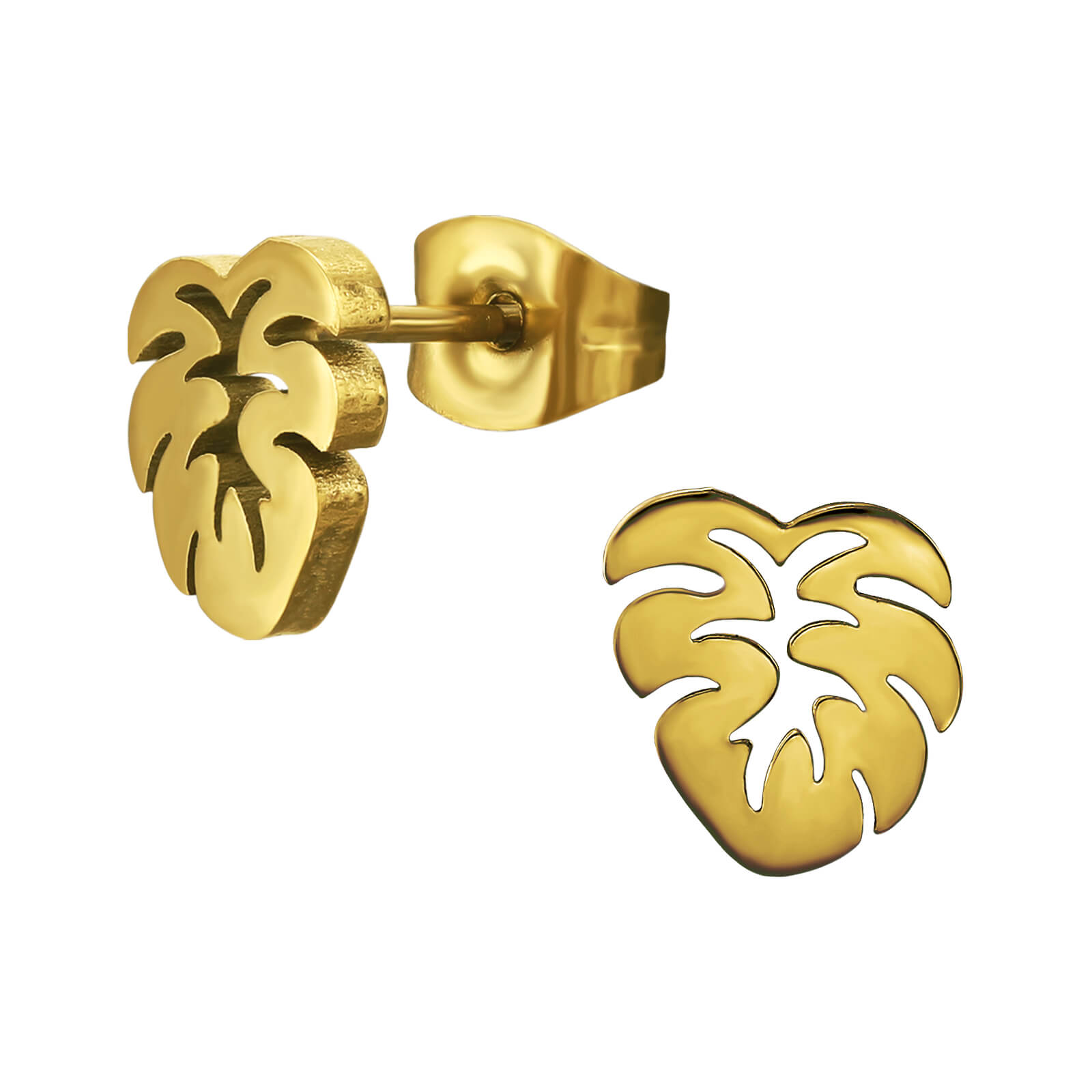 Clous d'oreille acier plaqué or 14k Monstera