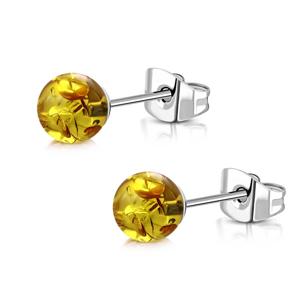 Clous d'oreille acier boule Ambre synthétique 6mm