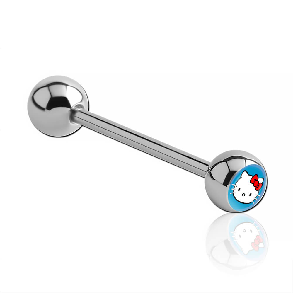 Barbell de langue acier boule logo Hello Kitty fond bleu