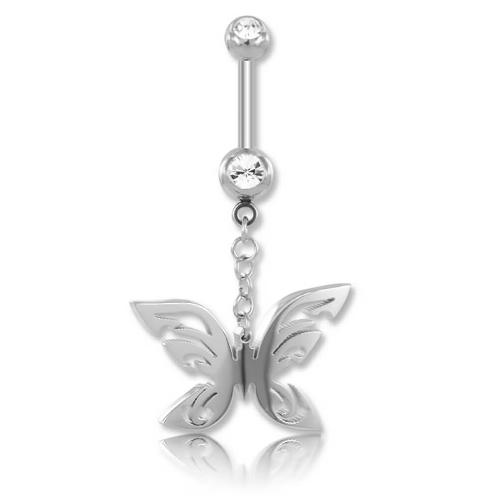 Banane de nombril acier Papillon et Strass sur chaine