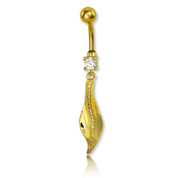 Piercing Nombril (Banane) Acier Chirurgical Gold - Motif Gecko Avec Cabochon Nacré, Tige 10mm, Boule 5mm