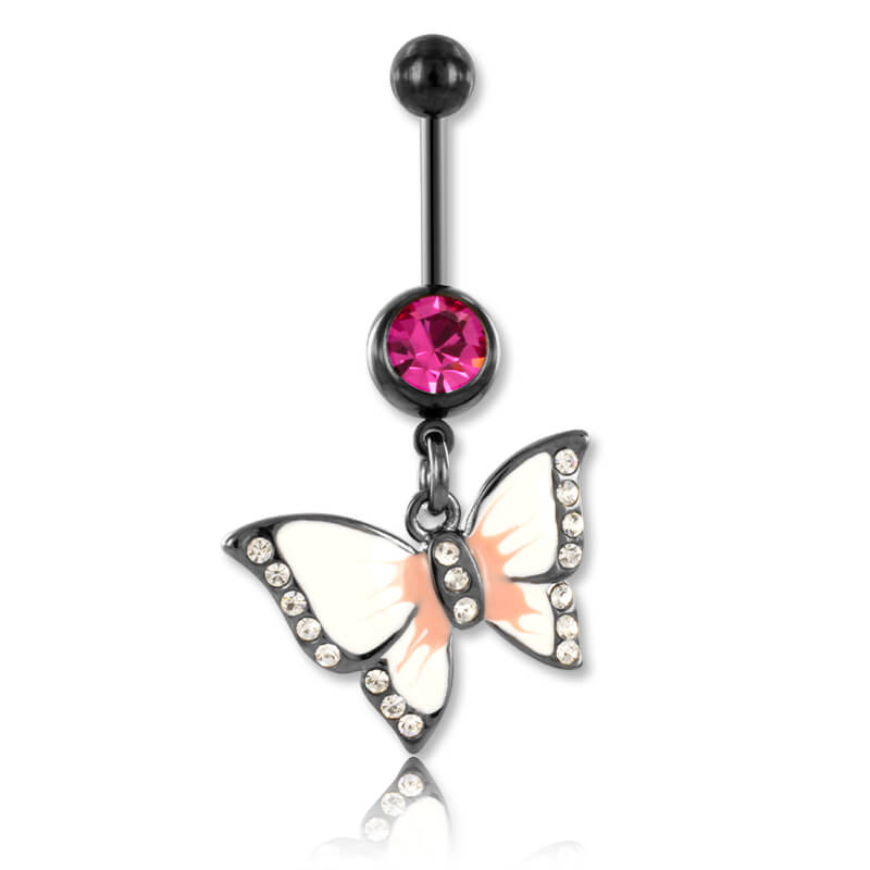 Banane de nombril acier noir Papillon et Strass