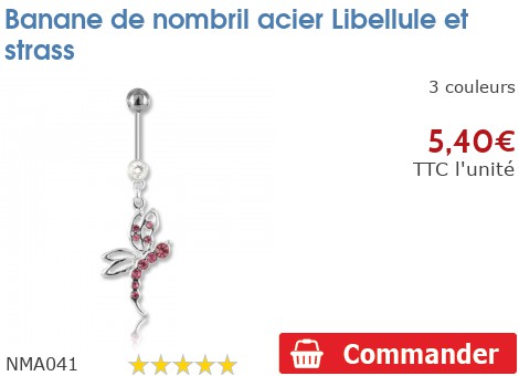 Piercing Nombril Libellule Avec Strass - Acier Chirurgical, Tige 1.6x10 Mm, Neuf